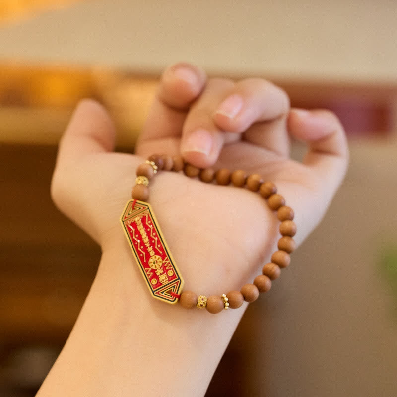 Buddha Stones Sandalwood Wood Bead Gold Plated Copper Bagua Yin Yang Chinese Character Harmony Bracelet Bracelet BS 3