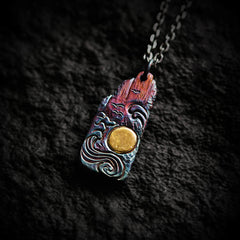 Buddha Stones 999 Sterling Silver 24k Gold Waves Sun Balance Necklace Pendant Necklaces & Pendants BS 999 Sterling Silver & Titanium Steel Chain