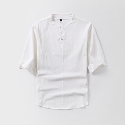 Buddha Stones Casual Plain Color One Button Three Quarter Sleeve Cotton Linen Men's Shirt - White - US/UK/AU54，EU64 (9XL) - image 1