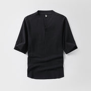 Foviel Casual Plain Color One Button Three Quarter Sleeve Cotton Linen Men's Shirt