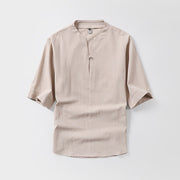 Foviel Casual Plain Color One Button Three Quarter Sleeve Cotton Linen Men's Shirt