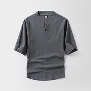 Foviel Casual Plain Color One Button Three Quarter Sleeve Cotton Linen Men's Shirt