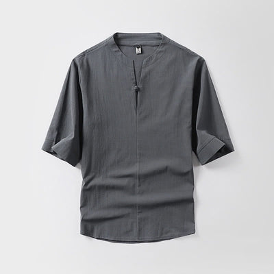 Buddha Stones Casual Plain Color One Button Three Quarter Sleeve Cotton Linen Men's Shirt - Gray - US/UK/AU54，EU64 (9XL) - image 0