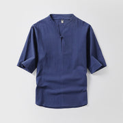 Foviel Casual Plain Color One Button Three Quarter Sleeve Cotton Linen Men's Shirt