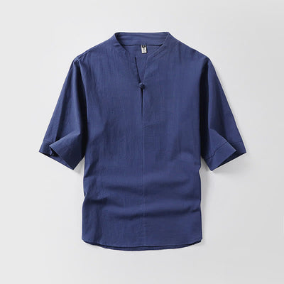 Buddha Stones Casual Plain Color One Button Three Quarter Sleeve Cotton Linen Men's Shirt - DarkBlue - US/UK/AU54，EU64 (9XL) - image 6