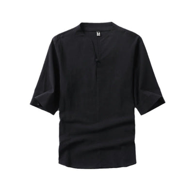 Buddha Stones Casual Plain Color One Button Three Quarter Sleeve Cotton Linen Men's Shirt - image 3