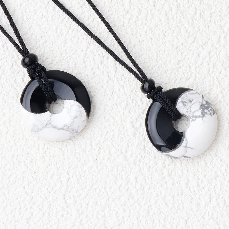 Foviel Natural Black Obsidian White Turquoise Yin Yang Peace Buckle Design Braided String Strength Necklace Pendant