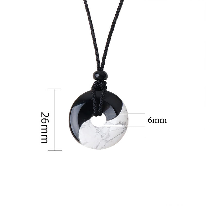 Foviel Natural Black Obsidian White Turquoise Yin Yang Peace Buckle Design Braided String Strength Necklace Pendant