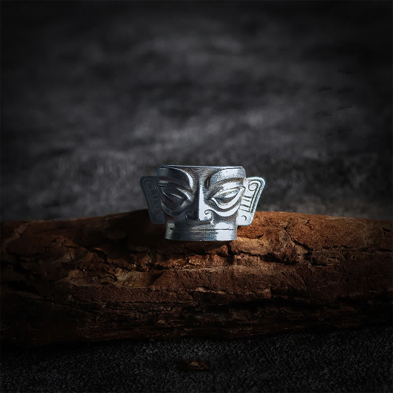 Buddha Stones 999 Sterling Silver Hand Casting Sanxingdui Mask Protection Ring Ring BS 999 Sterling Silver US10