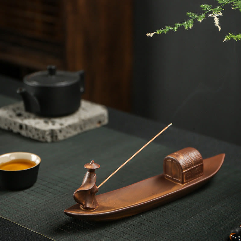 Buddha Stones Fisherman Fishing Boat Bamboo Person Hand Lotus Spiritual Healing Ceramic Stick Incense Burner Decoration - image 3