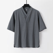 Foviel Casual Plain Color Two Buttons Three Quarter Sleeve Cotton Linen Men's Shirt