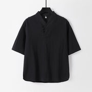 Foviel Casual Plain Color Two Buttons Three Quarter Sleeve Cotton Linen Men's Shirt