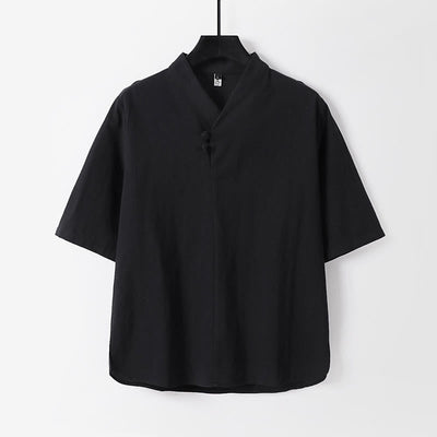 Buddha Stones Casual Plain Color Two Buttons Three Quarter Sleeve Cotton Linen Men's Shirt - Black - US/UK/AU54，EU64 (9XL) - image 4