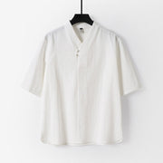 Foviel Casual Plain Color Two Buttons Three Quarter Sleeve Cotton Linen Men's Shirt