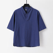 Foviel Casual Plain Color Two Buttons Three Quarter Sleeve Cotton Linen Men's Shirt