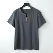 Foviel Solid Color V-neck Three Top Buttons Short Sleeve Cotton linen Men's Shirt