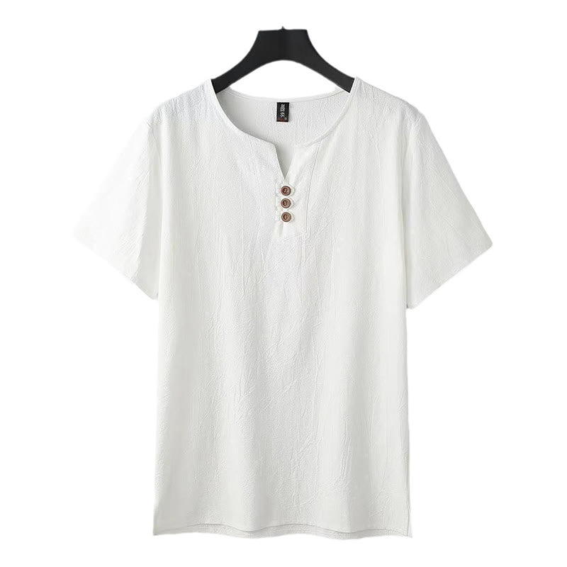 Buddha Stones Solid Color V-neck Three Top Buttons Short Sleeve Cotton linen Men's Shirt - image 2