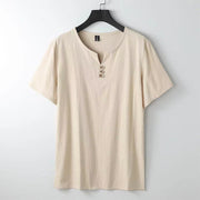 Foviel Solid Color V-neck Three Top Buttons Short Sleeve Cotton linen Men's Shirt