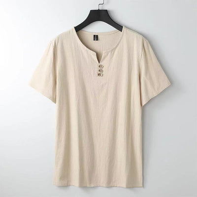 Buddha Stones Solid Color V-neck Three Top Buttons Short Sleeve Cotton linen Men's Shirt - Wheat - US/UK/AU44，EU54 (5XL) - image 0