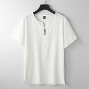 Foviel Solid Color V-neck Three Top Buttons Short Sleeve Cotton linen Men's Shirt