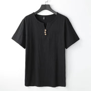 Foviel Solid Color V-neck Three Top Buttons Short Sleeve Cotton linen Men's Shirt