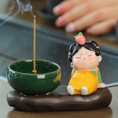 Buddha Stones Tang Dynasty Lady Food Healing Ceramic Incense Burner Desk Decoration Incense Burner BS Tang Dynasty Lady Strawberry 9*12.5*5.5cm