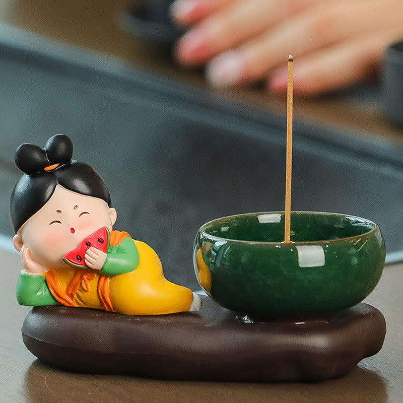 Buddha Stones Tang Dynasty Lady Food Healing Ceramic Incense Burner Desk Decoration Incense Burner BS Tang Dynasty Lady Watermelon 9*12.5*5.5cm