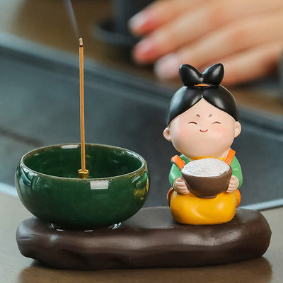 Buddha Stones Tang Dynasty Lady Food Healing Ceramic Incense Burner Desk Decoration Incense Burner BS Tang Dynasty Lady Rice 9*12.5*5.5cm