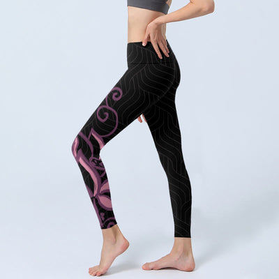 Buddha Stones Black Pink Lotus Flower Print Gym Leggings Women's Yoga Pants - image 2