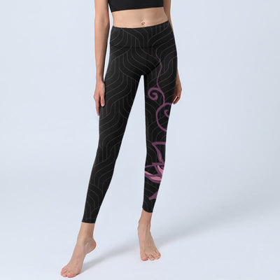 Buddha Stones Black Pink Lotus Flower Print Gym Leggings Women's Yoga Pants - image 5
