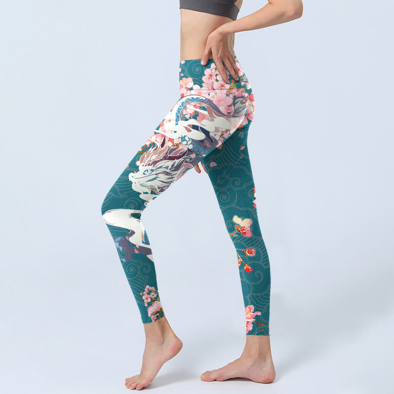 Buddha Stones Dragon Cherry Blossoms Print Gym Leggings Women's Yoga Pants - image 3