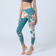 Foviel Dragon Cherry Blossoms Print Gym Leggings Women's Yoga Pants
