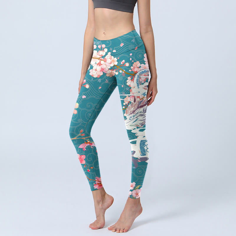 Buddha Stones Dragon Cherry Blossoms Print Gym Leggings Women's Yoga Pants - CadetBlue - US18，UK/AU22，EU50 (4XL) - image 1