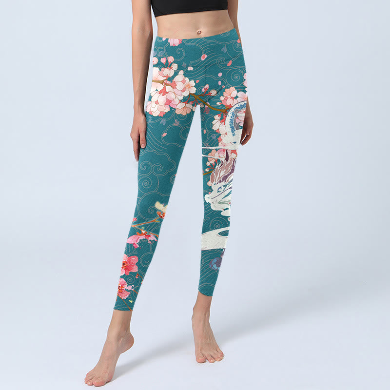 Buddha Stones Dragon Cherry Blossoms Print Gym Leggings Women's Yoga Pants - image 6
