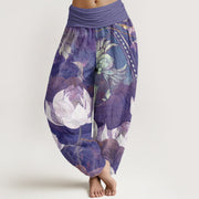 Foviel Baumwolle weiß Lotus Blätter Muster Casual Damen elastische Taille Harem Hose