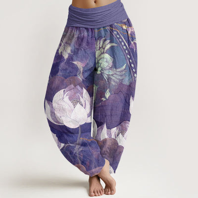 Buddha Stones Cotton White Lotus Leaves Pattern Casual Women's Elastic Waist Harem Pants - MediumPurple - US22，UK/AU26，EU54 (6XL) - image 5