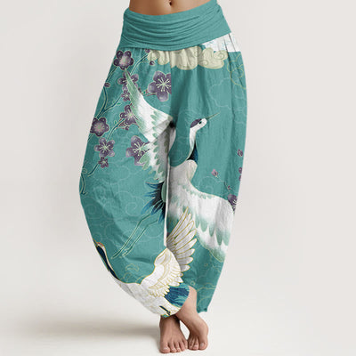 Buddha Stones Cotton Cranes Flowers Auspicious Clouds pattern Women's Elastic Waist Harem Pants - Turquoise - US22，UK/AU26，EU54 (6XL) - image 5