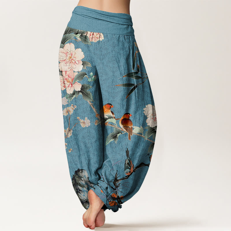 Buddha Stones Warbler Bird Blooming Flower Branches Mandala Pattern Women's Elastic Waist Harem Pants - image 7
