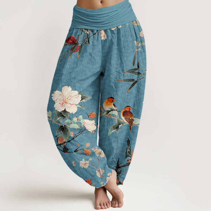 Buddha Stones Warbler Bird Blooming Flower Branches Mandala Pattern Women's Elastic Waist Harem Pants - DarkTurquoise - US22，UK/AU26，EU54 (6XL) - image 5