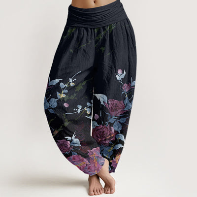 Buddha Stones Blooming Roses Pattern Women's Elastic Waist Harem Pants - DarkSlateGray - US22，UK/AU26，EU54 (6XL) - image 5