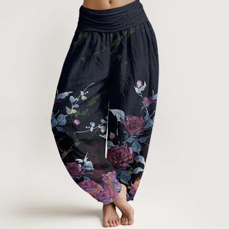Buddha Stones Blooming Roses Pattern Women's Elastic Waist Harem Pants - DarkSlateGray - US22，UK/AU26，EU54 (6XL) - image 5