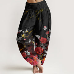 Buddha Stones Blooming Roses Pattern Women's Elastic Waist Harem Pants - Black - US22，UK/AU26，EU54 (6XL) - image 1