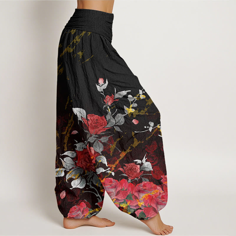 Buddha Stones Blooming Roses Pattern Women's Elastic Waist Harem Pants - image 2
