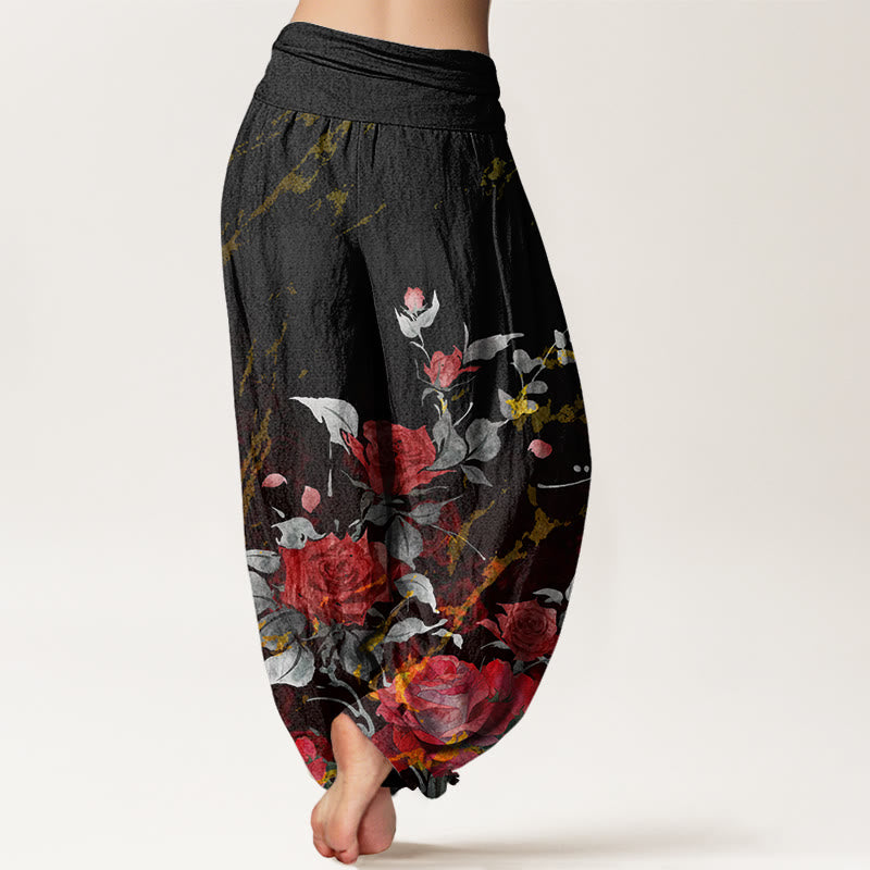 Buddha Stones Blooming Roses Pattern Women's Elastic Waist Harem Pants - image 3
