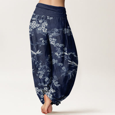 Buddha Stones White Sakura Flower Pattern Women's Elastic Waist Harem Pants - image 3