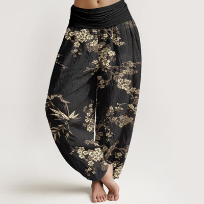 Buddha Stones White Sakura Flower Pattern Women's Elastic Waist Harem Pants - Black - US22，UK/AU26，EU54 (6XL) - image 8
