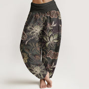 Foviel Cotton Casual Floral Leaves Women's Elastic Waist Harem Pants