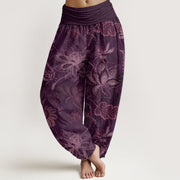 Foviel Cotton Casual Floral Leaves Women's Elastic Waist Harem Pants