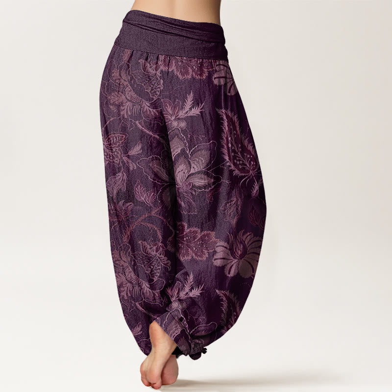Buddha Stones Cotton Casual Floral Leaves Women's Elastic Waist Harem Pants - image 9