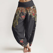 Foviel Cotton Casual rote Pfingstrose Vine Design Damen elastische Taille Harem Hose